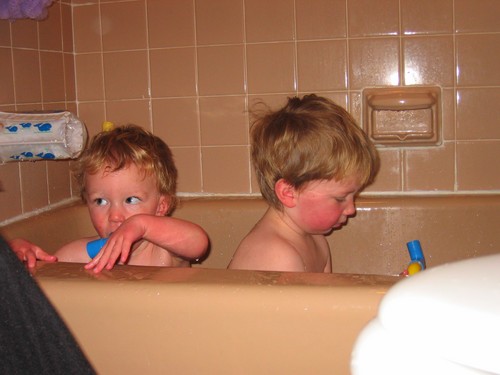 Alex and Nathan, playing in the Bathtub